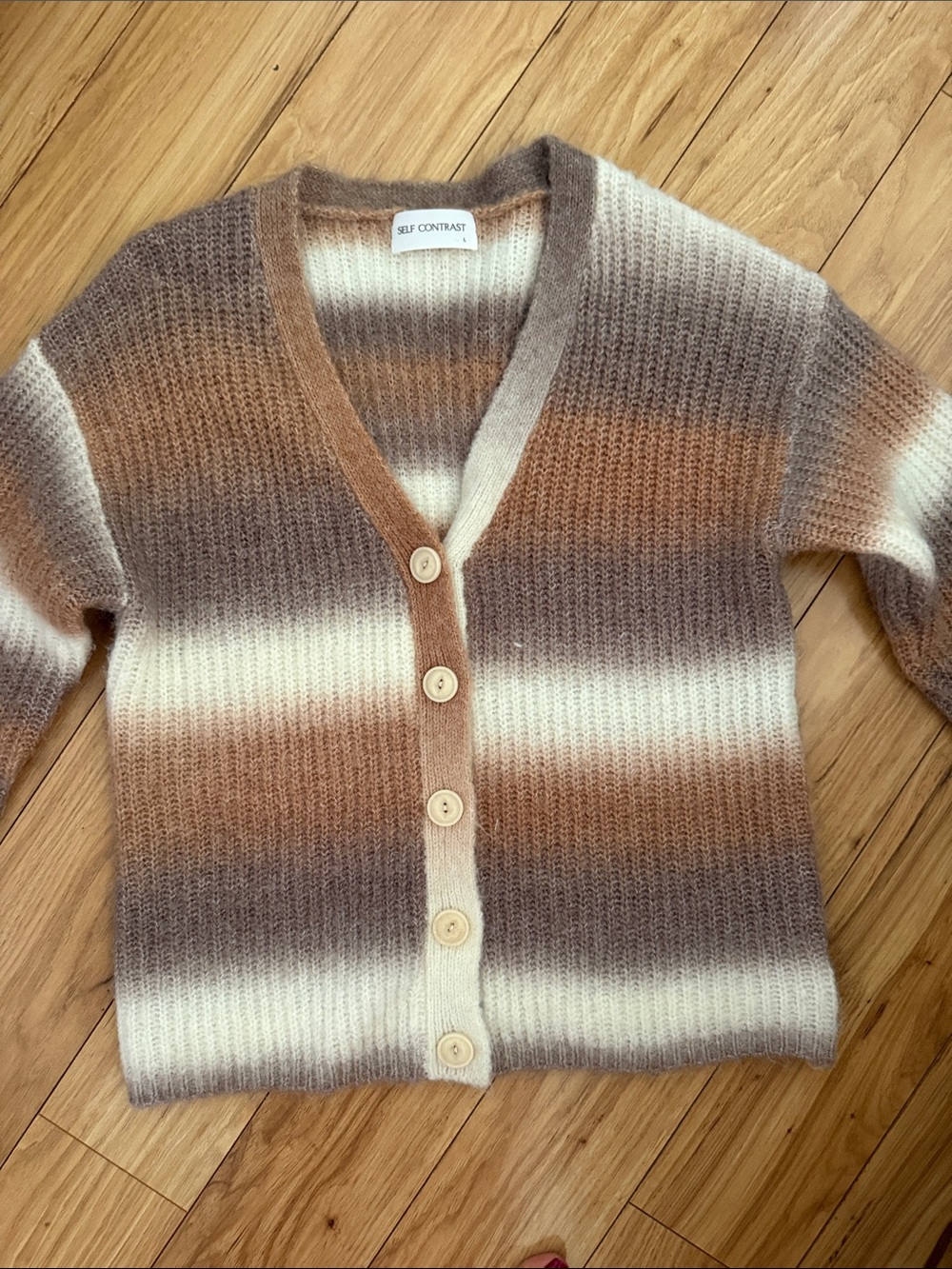 Self Contrast Striped V-Neck Button Cardigan - Cream & Brown